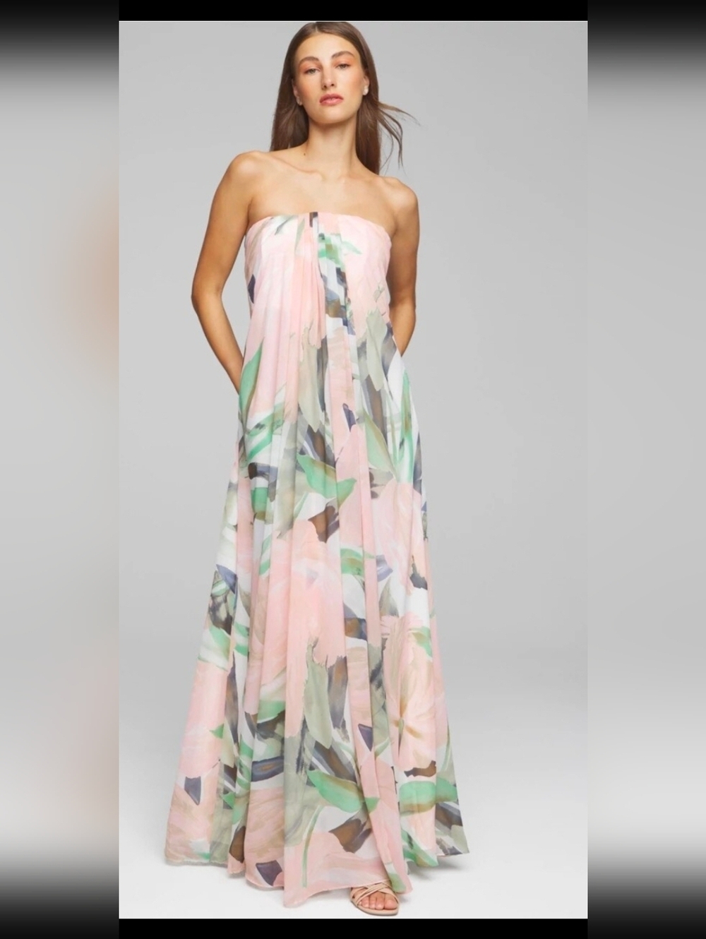 White House Black Market Strapless Pink & Green Printed Maxi Dress